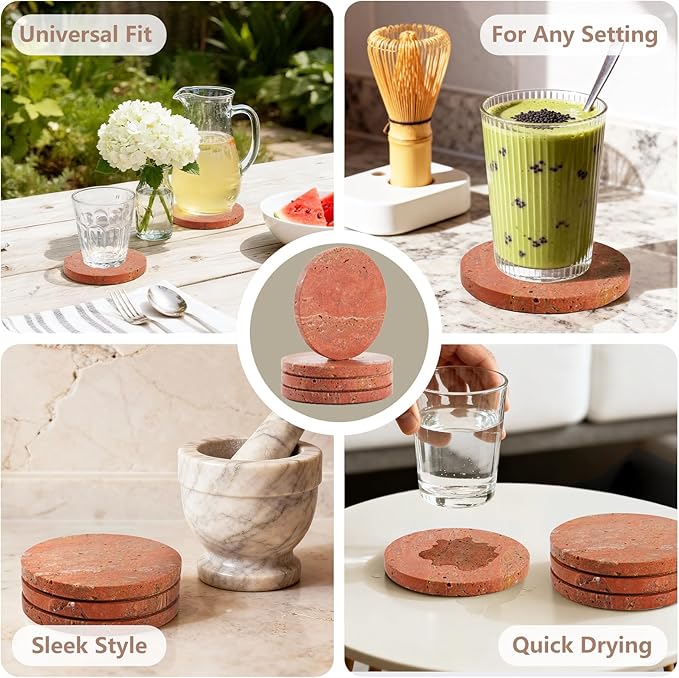 Red Travertine Coasters Set of 4, 10cm Diameter Natural Stone Coasters with Non-Slip Cork Backing, for Coffee Table Kitchen Office Decor