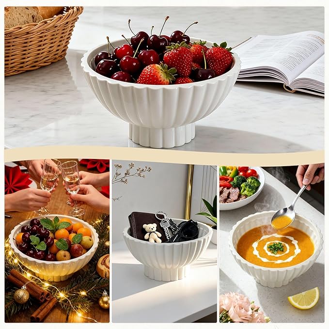 8 Inch White Ceramic Decorative Bowl Modern Small Footed Fruit Bowl Kitchen Counter Key Bowl for Home Decor, Ruffle Pedestal Centerpiece Bowls for Christmas Coffee Table