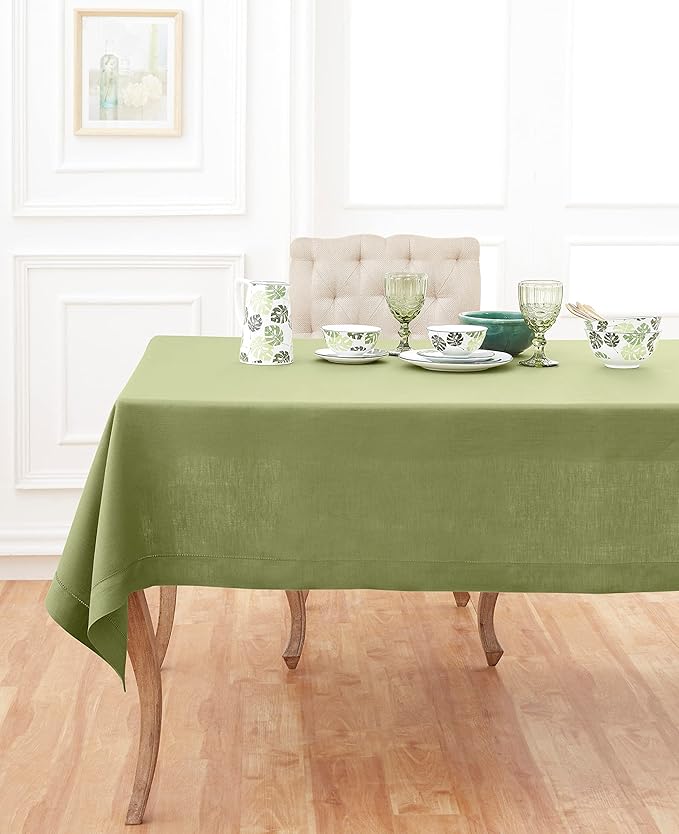 Solino Home Linen Moss Green Tablecloth 60 x 108 Inch - Classic Hemstitch, 100% Pure Linen Rectangular Tablecloth - Machine Washable Table Cloth for Winter, Spring, Easter, St Patricks Day