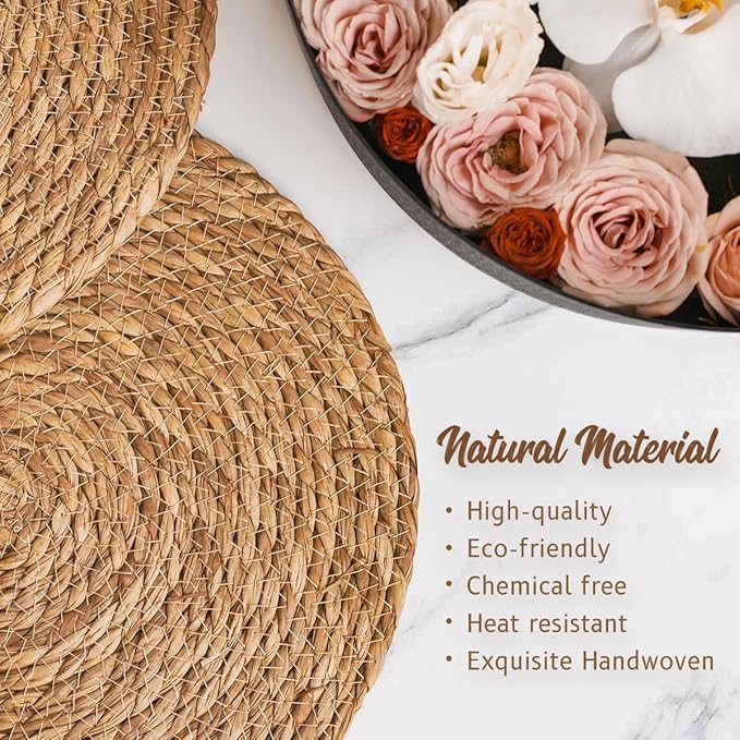 13 in Round Woven Boho Placemats Set of 8, Wicker Rattan Place Mats Chargers for Dinner Plates, Farmhouse Rustic Table Mats for Dining Table Decor