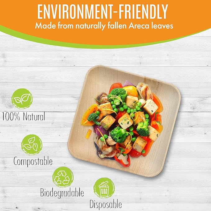 Raj Palm Leaf Plates Bulk [50-Pack] 7" Square Plates(20 CASES - 1000 PACK) like Bamboo plates Disposable, Strong, Decorative Compostable Tableware for weddings, Lunch, Dinner, Birthday, Camping