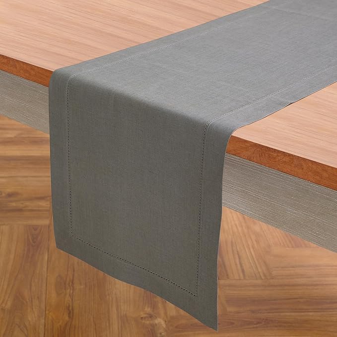 Solino Home Linen Steel Gray Table Runner 72 Inches Long - 100% Pure Linen Hemstitch Table Runner 14 x 72 Inch for Dresser, Dining, Spring - Classic Hemstitch