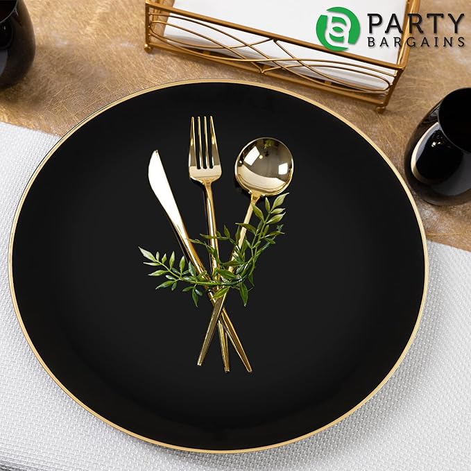 PARTY BARGAINS 13-Inch Charger Plates - 96 Pack, Organic Collection Black Gold Rim, Heavy-Duty Disposable Chargers for Elegant Dining - Ideal for Weddings and Formal Events