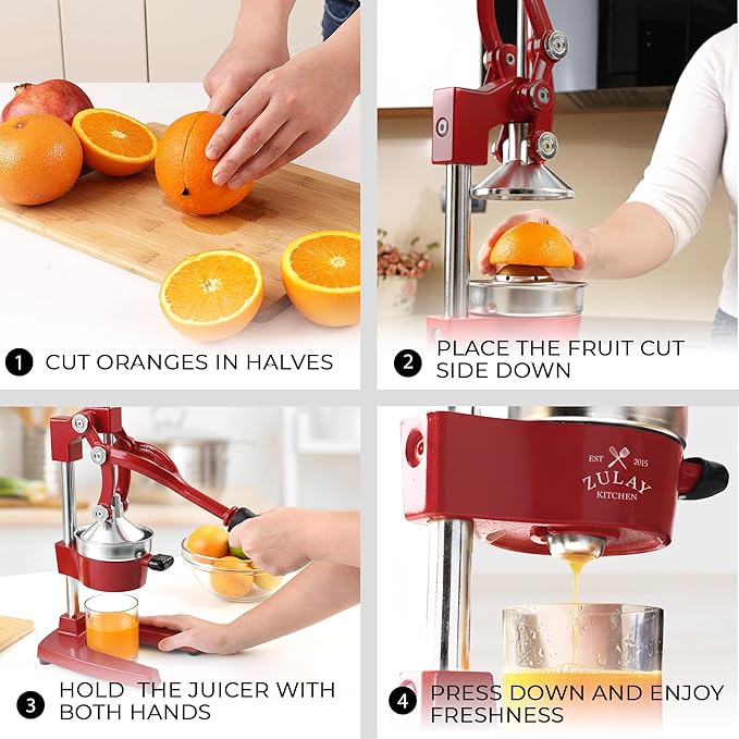 Zulay Kitchen Cast Iron Juicer - Easy-to-Clean Heavy-Duty Manual Juicer, Professional Citrus Juicer - Stainless Steel Lemon Squeezer - Manual Citrus Press & Orange Squeezer - Orange Juicer - Deep Red