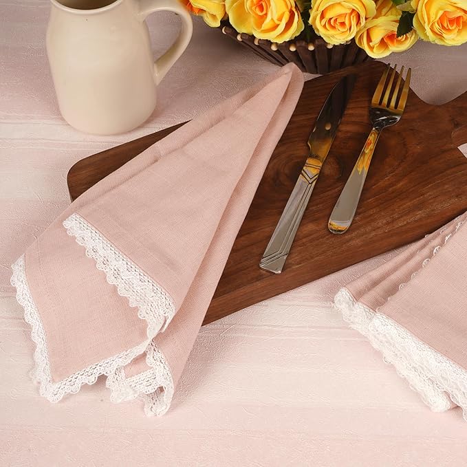 FINGERCRAFT Dinner Cloth Napkin Cotton Linen Blend 4 Pack Mitered Corners with Elegant Lace for Everyday Use Napkins are Pre Shrunk and Good Absorbency Pink