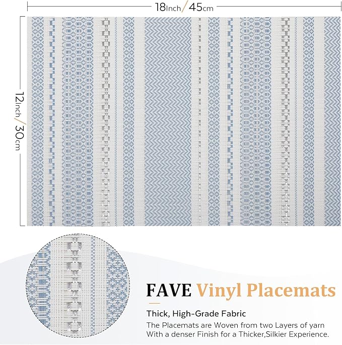 FAVE Blue Boho Vinyl Placemats Set of 4, Durable Woven Place Mats Washable Heat Resistant PVC Table Mats for Parties,Weddings, Dining,Banquet(Blue, 4PCS)