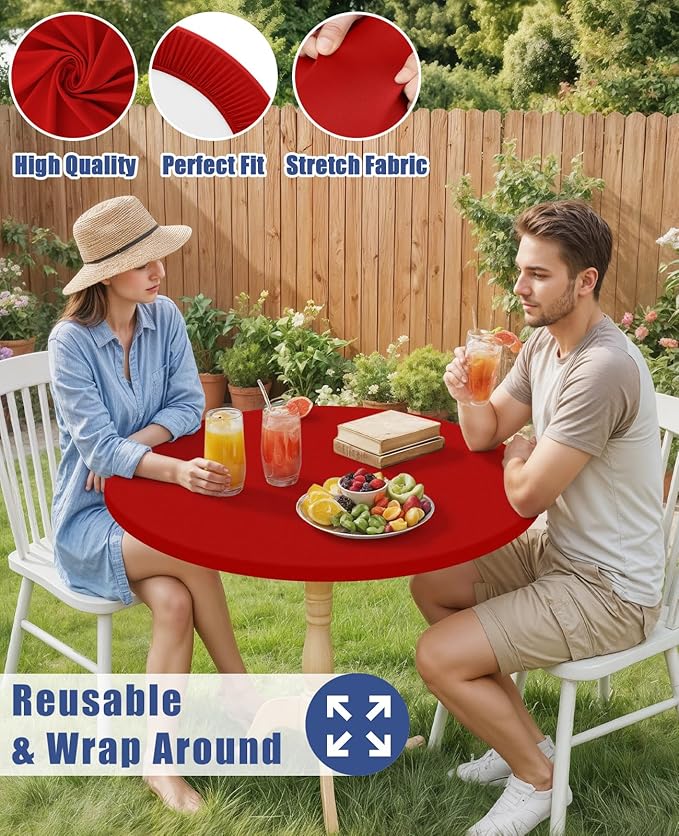Round Spandex Tablecloth, Elastic Fitted Waterproof Tablecloths for 42"-50" Tables, Stretch Washable Picnic Table Cover for Camping, Dining, Indoor and Outdoor, Red