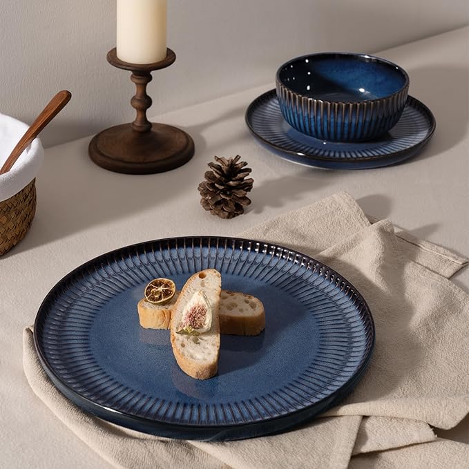 Famiware Starlight Plates and Bowls Dishes Set of 6 (18 Pieces), Ribbed Textured Stoneware Dinnerware Sets- Dishwasher & Microwave Safe, Chip & Scratch Resistant, Starry Blue