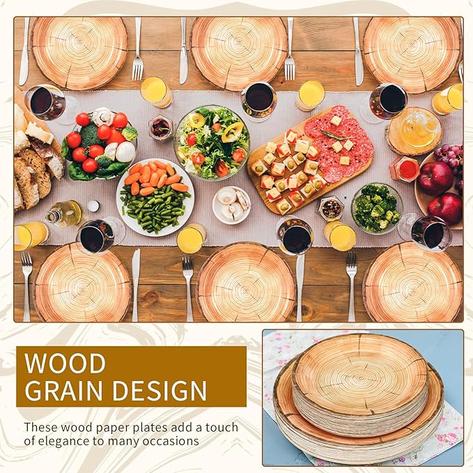 Tioncy 100 Pieces Wood Grain Paper Plates 7" 9" Rustic Wood Slice Plate Farmhouse Round Disposable Dinner Dish for Woodland Baby Shower Lumberjack Birthday Party Supplies
