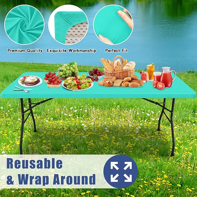 Spandex 8 Foot Rectangle Table Cloth 2 Pack, Elastic Fitted Tablecloths for Picnic, Stretch Washable Patio Table Cover for Outdoor, Camping, Banquet and Parties(Aqua Blue, 30"x96")