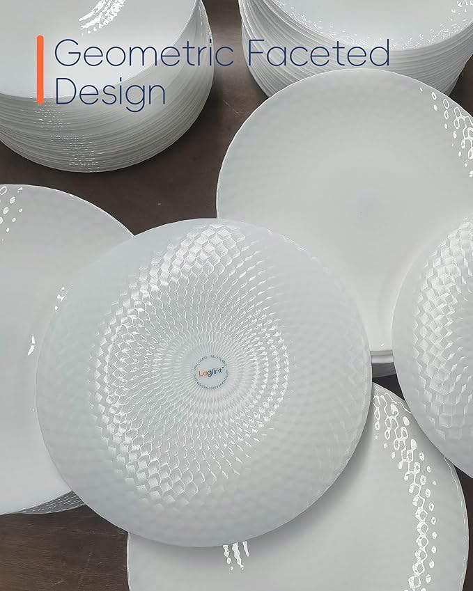 7.5 inch Appetizer Plate Set of 6, Opal Glass Round Geometric Faceted Small White Plates for Salad Dessert, Kitchen, Dishwasher and Microwave Safe