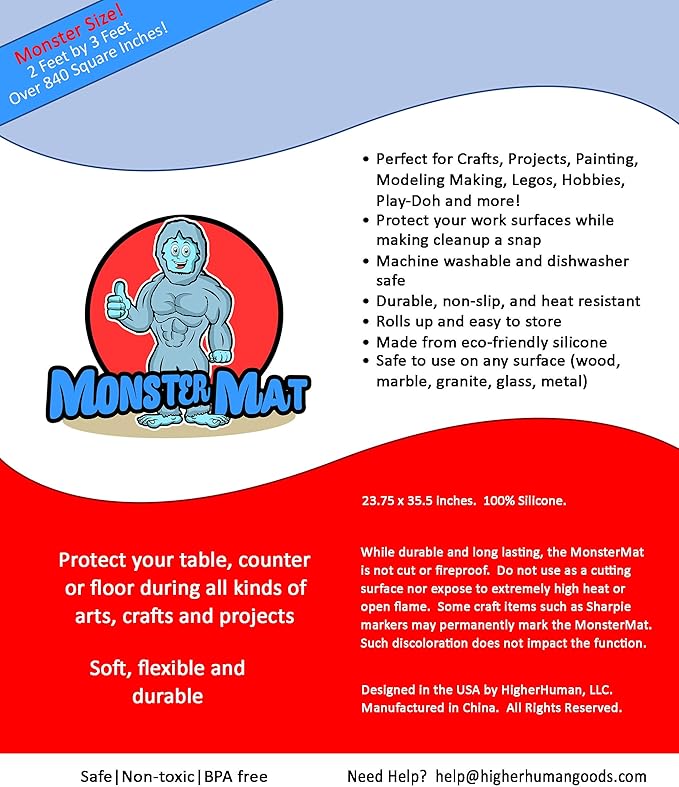 MonsterMat 36x24 Inch Extra Large Silicone Table Protector Craft Mat for Painting, Clay, Projects, Arts and Crafts and More. Easy Clean Up and Rolls for Storage. Largest Mat Available