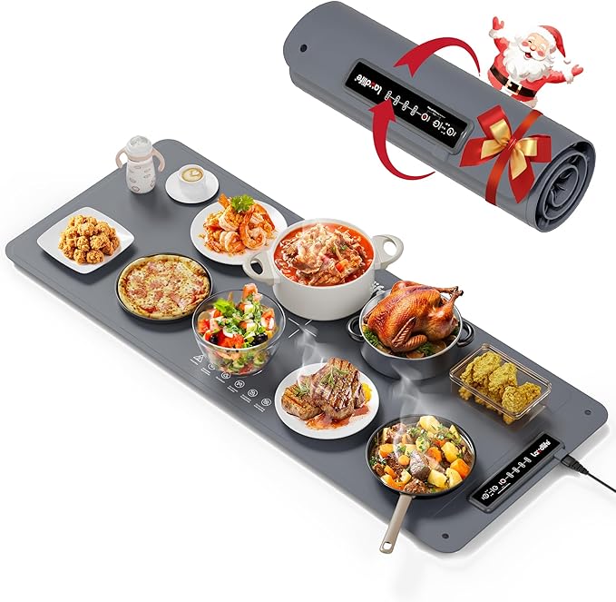 Extra Large Food Warming Mat for Countertop (XXL 36”x16”) - Full-Surface Heating Pad with 4 Temps Settings, Ideal for Buffet Party Food Warmer, Roll-Up Electric Warming Tray for All Gathering, Gray