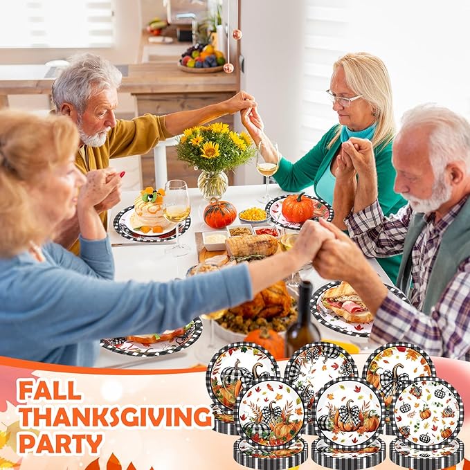 60 Pcs 7 Inch Fall Pumpkin Paper Plates Thanksgiving Black Buffalo Plaid Plates Decorations Orange Pumpkin Leaves Tableware for Thanksgiving Autumn Harvest Birthday Farmhouse Party Supplies