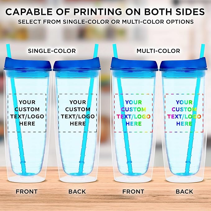 Custom Tall Orbit Acrylic Tumblers 20 oz. Set of 100, Personalized Bulk Pack - Perfect for Iced Coffee, Soda, Other Hot & Cold Beverages - Blue
