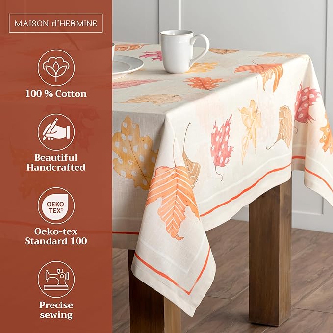 Maison d' Hermine Table Cloth Rectangle Table 100% Cotton 60 x 108 Inches Fall Tablecloth Reusable Everyday Use for Thanksgiving Christmas Decorations Dining Farmhouse Party (Colours of Autumn)