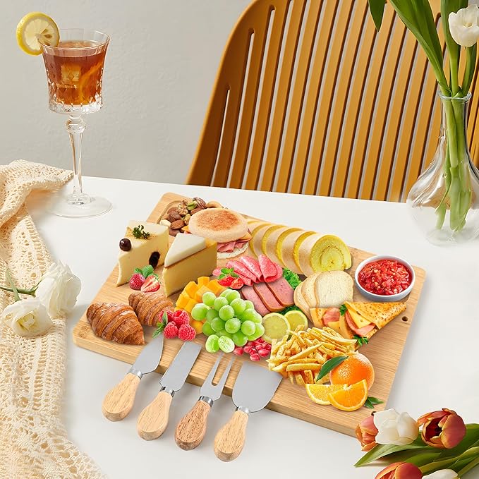 Bamboo Cheese Board and Knife Set - 14” x 11” Large Charcuterie Boards Set, Cheese Tray Platter Servers with Clasp Knife Holder, Gift for Anniversary, Housewarming, Christmas, Thanksgiving