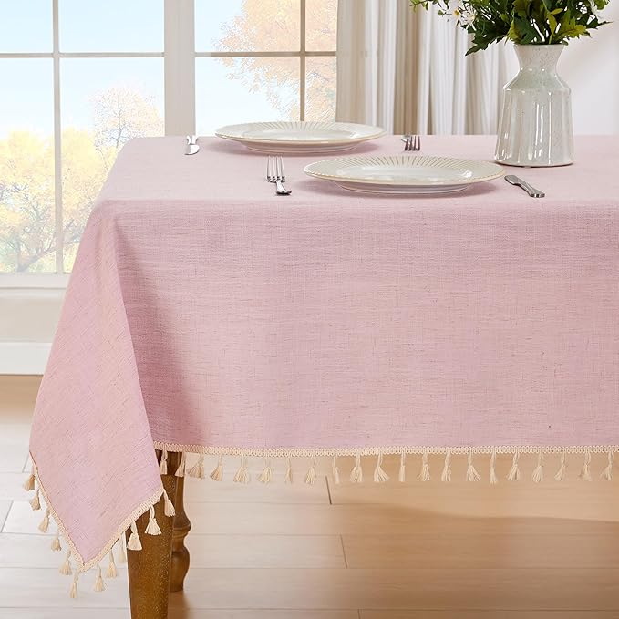 JIALE Valentines Textured Tablecloth, Heavy Duty Linen Style Farmhouse Table Cloth Rectangle Tables, Wrinkle-Free Washable Waterproof Table Cover for Kitchen, Dining, Parties, 55"x90", Pink