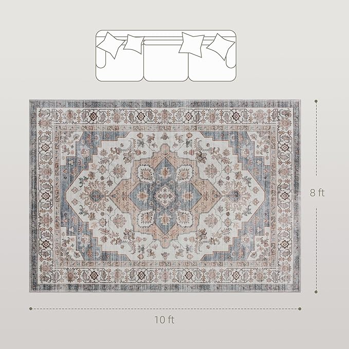 HOMCOM Washable Area Rug, 8'x10' Vintage Indoor Distressed Carpet, Retro Floor Cover Foldable, Floral Print Mat for Living Room, Bedroom, Dining Room, Brown and Light Blue