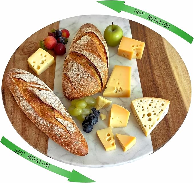 13 Inch Marble and Acacia Wood Lazy Susan – Rotating Serving Tray for Dining Table, Kitchen Island or Coffee Table, Decorative Turntable with Natural Marble Top & Wooden Frame