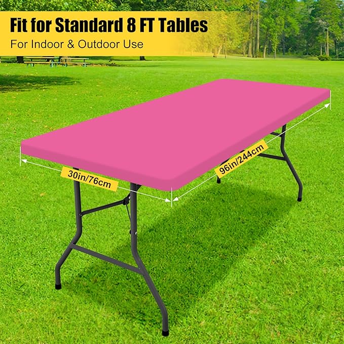 Smiry Rectangle Tablecloth, Elastic Fitted Flannel Backed Vinyl Tablecloths for 8ft Folding Tables, Waterproof Wipeable Table Covers for Indoor, Outdoor, Camping and Picnic (Rose Pink, 30"x96")