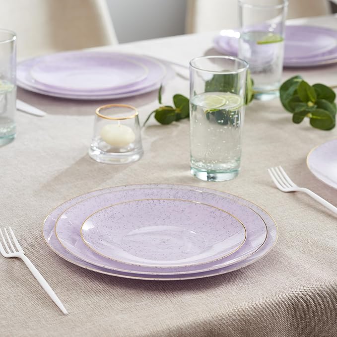 PLASTICPRO 30 Pack Disposable Plastic Plates Heavyweight Granite Look Elegant 10 inch Dinner Plates Purple with Gold Rim