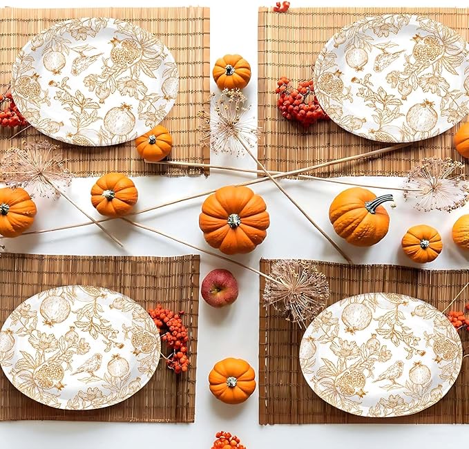 Grencian 50Pcs Fall Brown Pomegranate Oval Paper Plates 10"x12" Large Thanksgiving Party Plates Disposable Heavy Duty Autumn Pomegranate Platter for Fall Theme Party Decorations Harvest Party Supplies