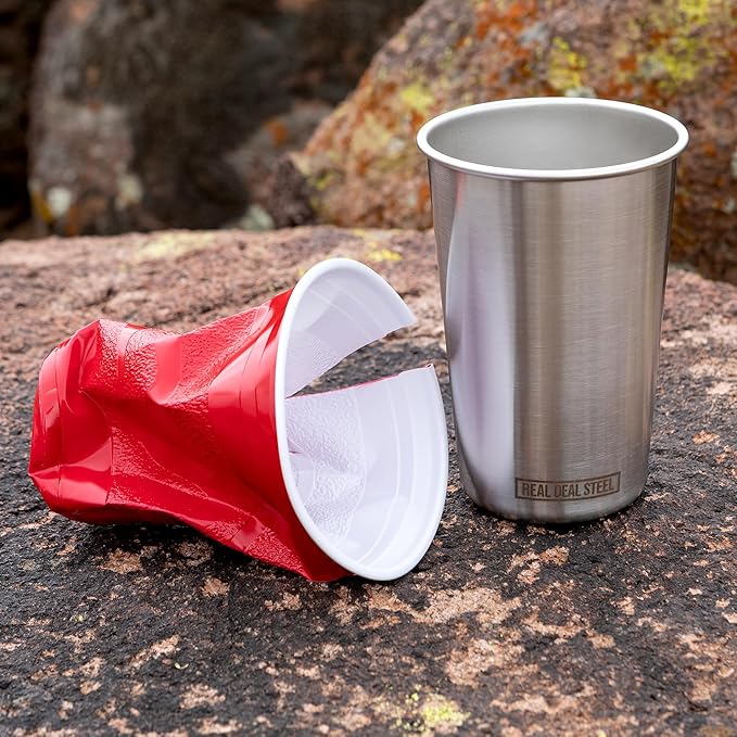 Real Deal Steel Stainless Steel 16 oz Pint Cups Stackable Single Wall Tumblers, Eco Friendly Premium Metal Drinking Glasses (Stainless Steel)
