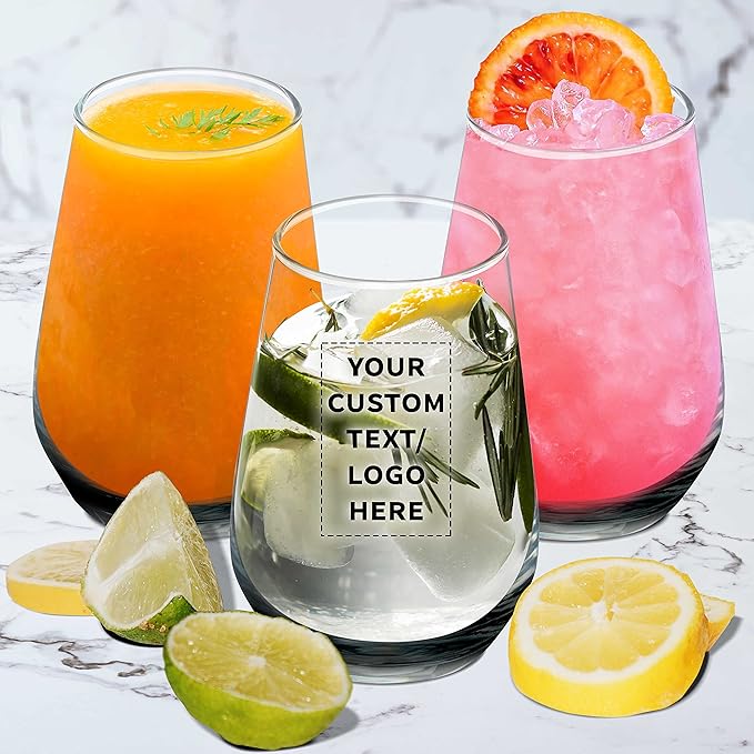 DISCOUNT PROMOS 50 Vaso Silicia Stemless Wine Glasses Set, 16 oz. - Personalized Text, Logo - Clear, Orb-Like, Thick base - Black