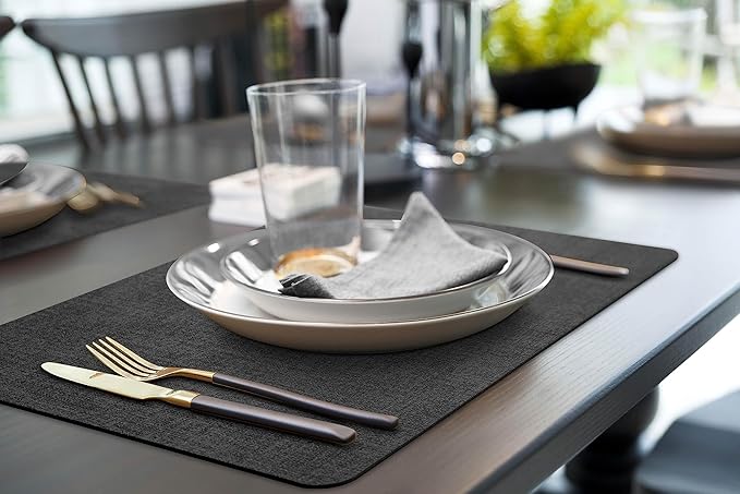 More Décor Faux Leather Placemats Set of 6 for Dining Table – Waterproof, Wipeable, Washable, Stain & Heat Resistant, Non-Slip Table Mats – 12 X 17 Inch, Dark Grey
