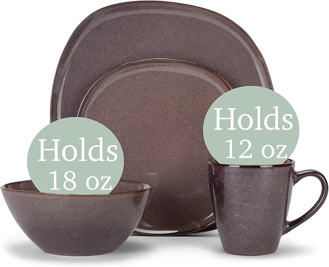 Elanze Designs 16-Piece Modern Luxury Chic Smooth Vintage Handmade Shape High Gloss Ceramic Stoneware Square Plate Mug & Bowl Kitchen Dinnerware 16 Piece Set - Service for 4, Plum Purple