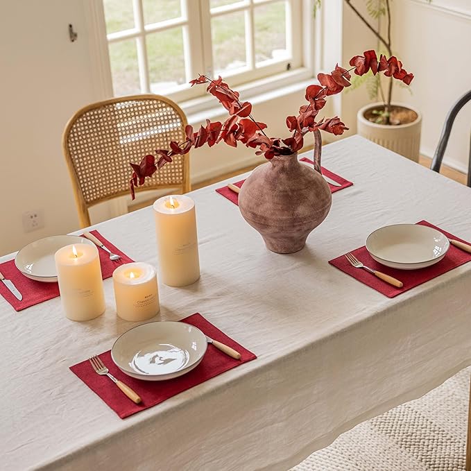 Home Brilliant Cloth Placemats Set of 8 Red Linen Placemats for Christmas Dinner Heat Resistant Dining Table Mats Kitchen Place Mats, Dark Red Burgundy