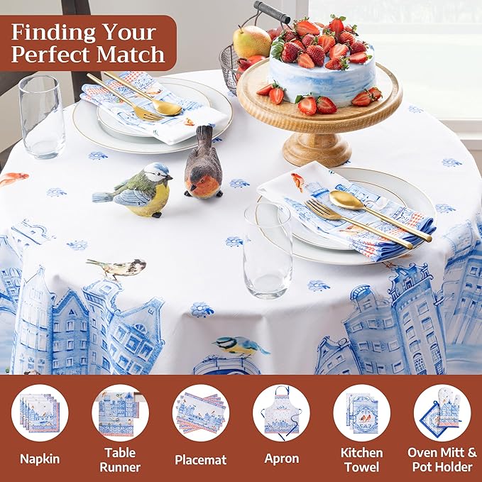 Maison d' Hermine Table Cloth Round Table 100% Cotton 69 Round Inches Tablecloth Reusable Decorative for Dining Room Farmhouse Home Valentines Day Decorations Spring Summer - Amsterdam Canals