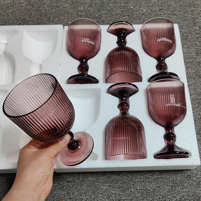 Purple Glasses Drinking Water Goblets set of 6 Colored Wine Glasses 13oz Pink Vintage Glassware for Wedding Party Bar Vertical Line Embossed Pattern Stemmed Cups 400ml