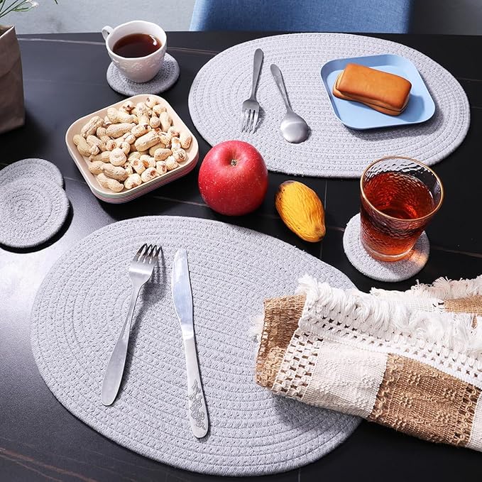 Braided Placemats Set of4 Cotton Fabric Oval Table Mats Non Slip Washable 16 * 12 inch Oval Place Mats, 4 Pack Grey Woven Placemats