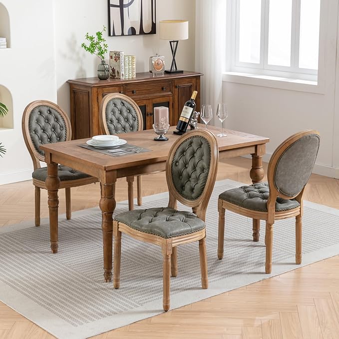 Ball & Cast French Vintage Upholstered Dining Chairs Set of 2, Button Tufted Kitchen Side-Chairs with Carved Antique Wood Frame & Nailhead Trims, PU-Leather Curved Backrest Louis Chair, PU Green