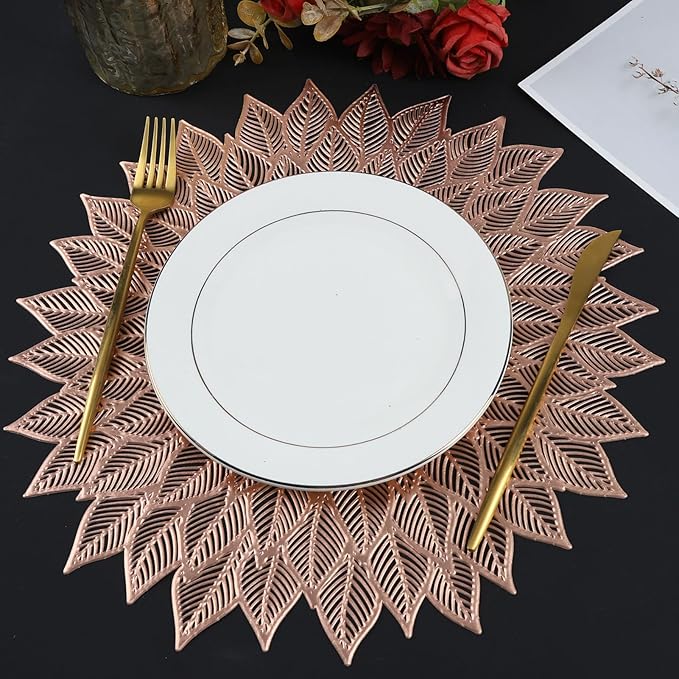 Placemats Set of 4, Round Hollow Out Flowers Place Mats for Dining Table Pressed Vinyl Blooming Leaf Table Mats for Holiday Party Wedding Accent Centerpiece Dinner Table Decoration (Rose Gold)