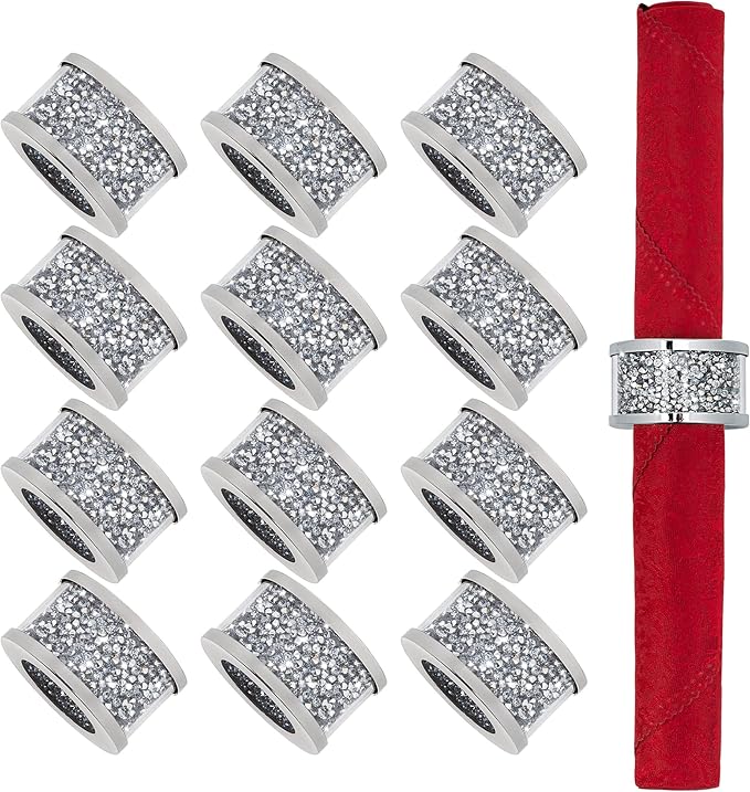 SHYFOY Silver Diamond Napkin Ring Set of 12 Pieces, Crystal Glass Framed Napkin Holder Ring, Dinning Cloth Decor for Dinner Party Tabletop Settings Glam Serviette Buckles Home Decor