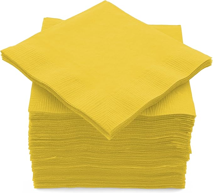 100 Pack Yellow Beverage Napkins, Big Party Pack, 2 Ply, Ideal for Wedding, Party, Birthday, Dinner, Lunch, Cocktails. (5” x 5”) by Amcrate