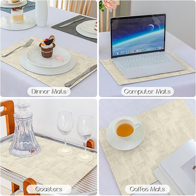 Romanstile Reversible Vinyl Placemats Set of 6, Faux Leather 100% Waterproof Oil-Proof Wipeable Place Mats, Heat Resistant Dual Sided Table Mats for Kitchen/Dining/Party (Black Beige, 12 x 17 Inch)
