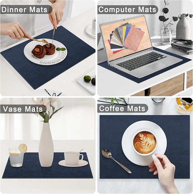 Homaxy Faux Leather Heat Resistant Placemats for Dining Table Set of 6, Waterproof Wipeable Washable PU Table Mats, Easy to Clean Anti-Slip Place Mats, 11.8" x 17", Navy Blue