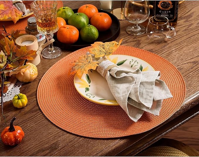 AHHFSMEI Round Braided Placemats 15 Inch Round Table Mats for Dining Tables Natural Woven Heat Resistant Place mats Set of 8 (Orange,8)