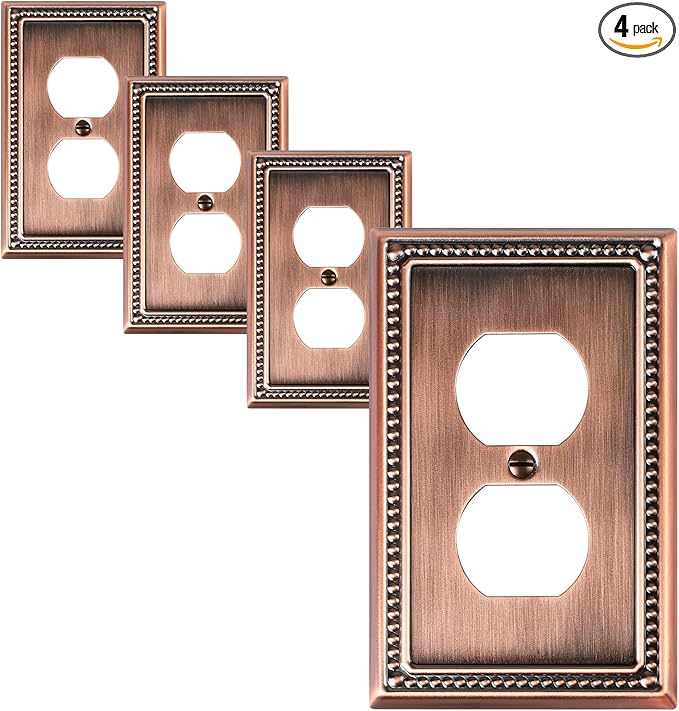 4-Pack Duplex Outlet Cover Plate, Antique Copper Metal Wall Plates for Electrical Outlets, 1 Gang Receptacle Cover, Pearls Decorative Switch Plates and Outlet Covers