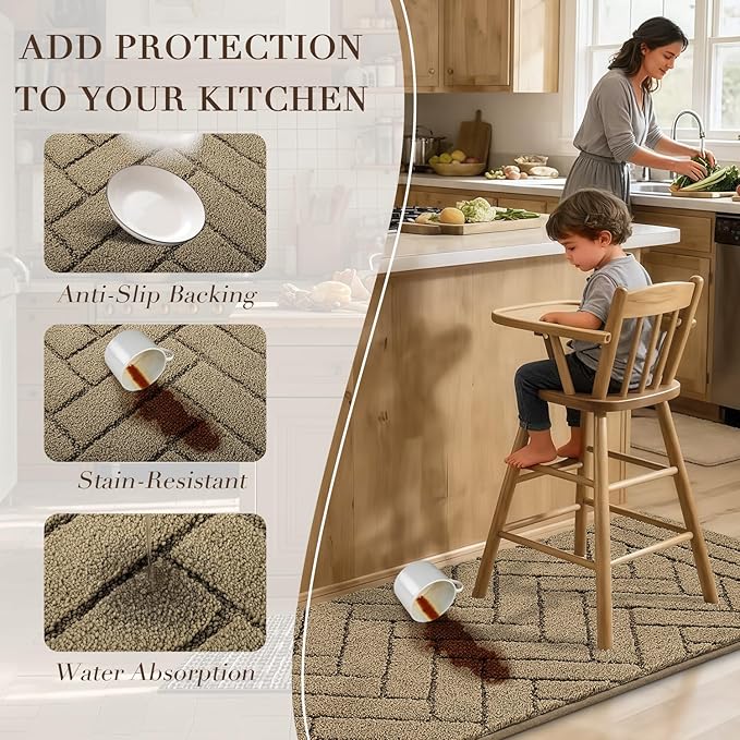 Kitchen Rugs,20" x 48" Non Slip Kitchen Mats for Floor-Thick Stain Resistant Kitchen Floor Mat Runner Carpet for Hallways Entryway Laundry Room Washable(Khaki)