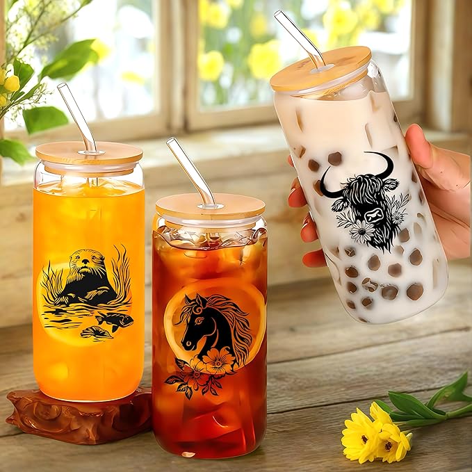 Cute Sea Otter Glass Cup With Lids And Straws, Sea Otter Gift For Women, Iced, Coffee, Smoothie, Cocktail, Beer, Whiskey, Soda, Matcha,16 Oz, Home Office Table Desk Decoration!