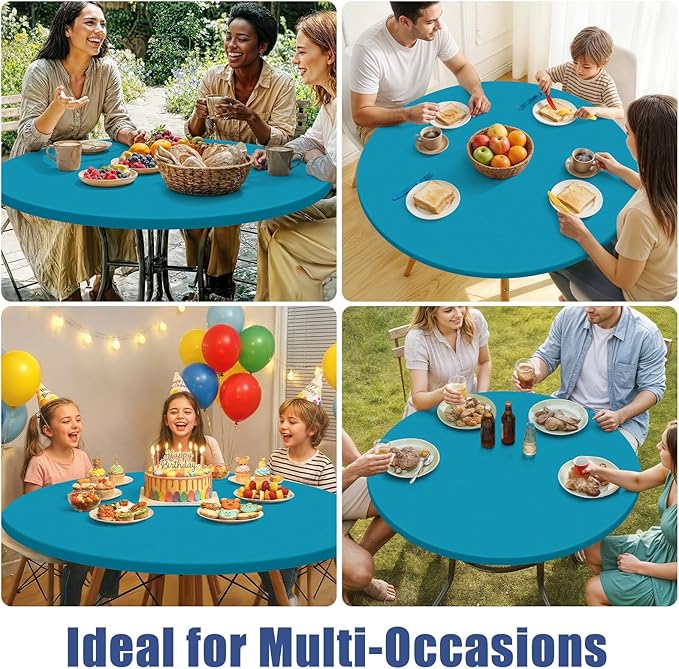 Round Spandex Tablecloth, Elastic Fitted Waterproof Tablecloths for 45"-56" Tables, Stretch Washable Picnic Table Cover for Camping, Dining, Indoor and Outdoor, Turquoise