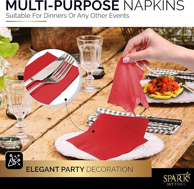 100 Pack Red Beverage Napkins, Big Party Pack, 2 Ply, Ideal for Wedding, Party, Birthday, Dinner, Lunch, Cocktails. (5” x 5”) by Amcrate
