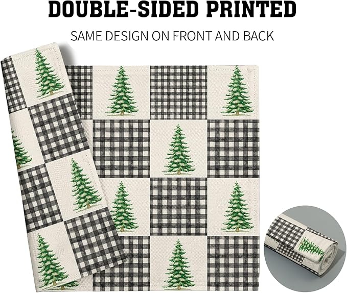 Winter Placemats Set of 4 - Black White Buffalo Plaid Tablemats 12 x 18 mas Tree Place Mats Set for Kitchen Dining Table