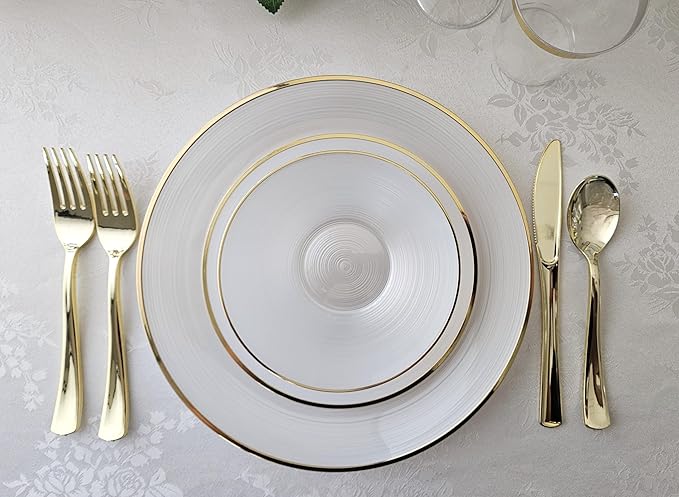 " OCCASIONS " 240 Plates Pack,(120 Guests) Premium Wedding Party Disposable Plastic Plates Set -120 x 10'' Dinner + 120 x 7'' Salad/Dessert (Belize in White Pearl & Gold)