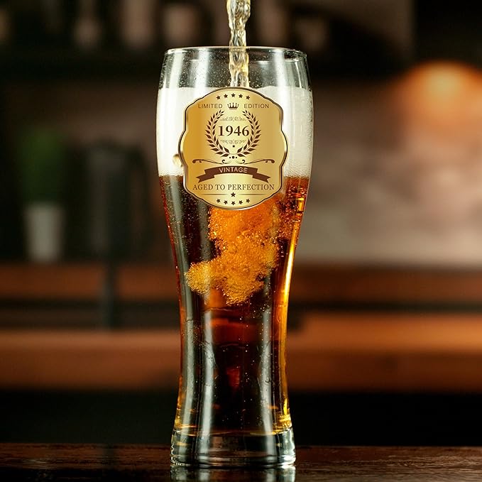 80th Birthday Beer Glasses Gifts, Personalized '1946' Vintage Glass Ware Set for Men, Black Gift Package with Drinking Glass, Coaster, and Card for 80 Years Old Man